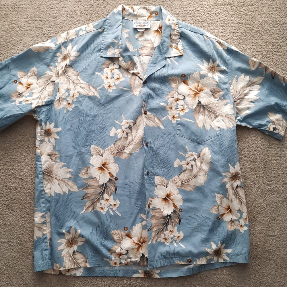 Pacific Legend Hawaiian Floral Blue Camp Shirt Men's 2XL Short Sleeve USA XXL